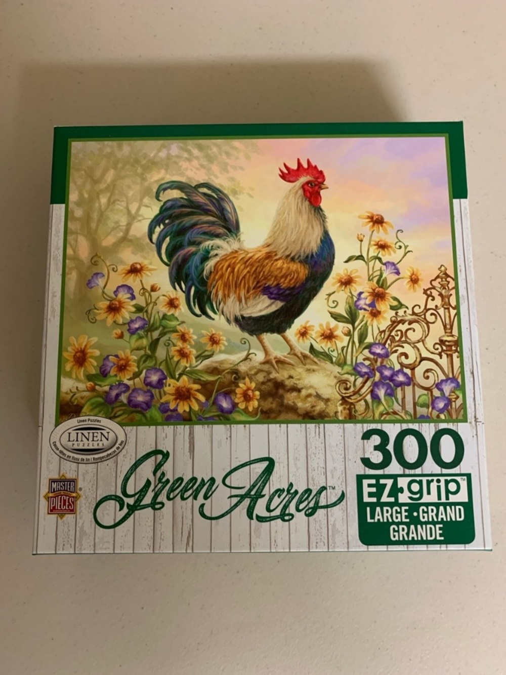 Master Pieces Green Acres 300 Piece Rooster Puzzle-Linen-Morning Glory-Ez-Grip